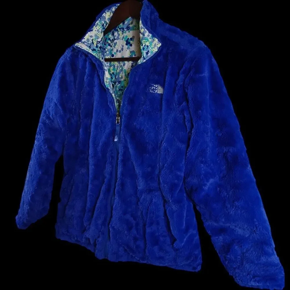 The North Face Reversible Quilted White Blue Floral Jacket Sherpa Girl Sz. XL 18